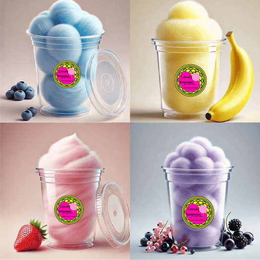 Grossiste Barbe a papa en Pots: Goût Fraise,Banane,Myrtille,Fruits rouge - Candy Bigmom