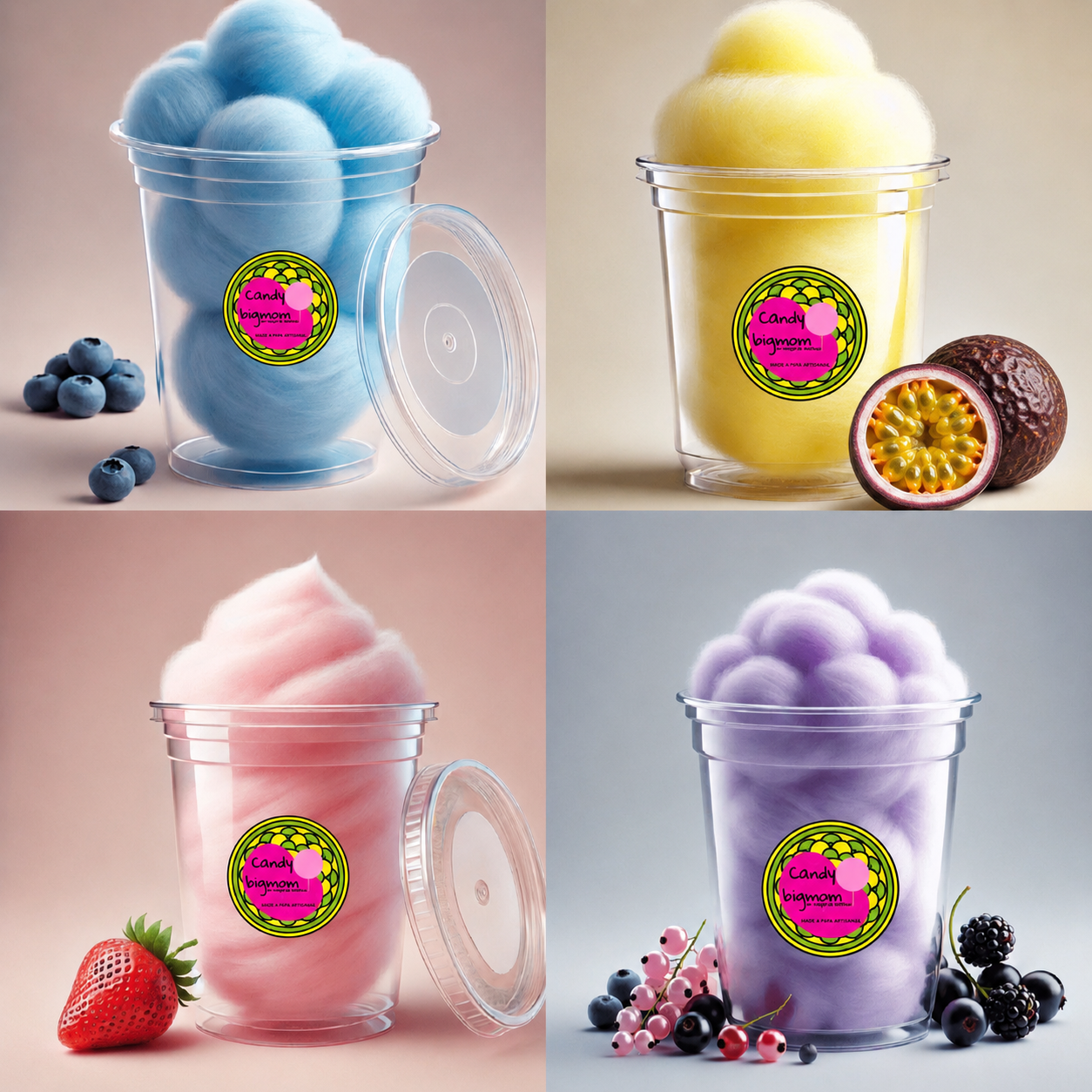 Großhändler für Zuckerwatte im Glas: Erdbeer-, Bananen-, Blaubeer- und rote Fruchtgeschmacksrichtungen